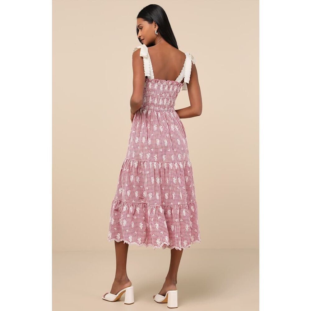 JACQUIE THE LABEL Red Isabella Gingham Embroidered Tiered Midi Dress Size S NWT - Picture 1 of 8